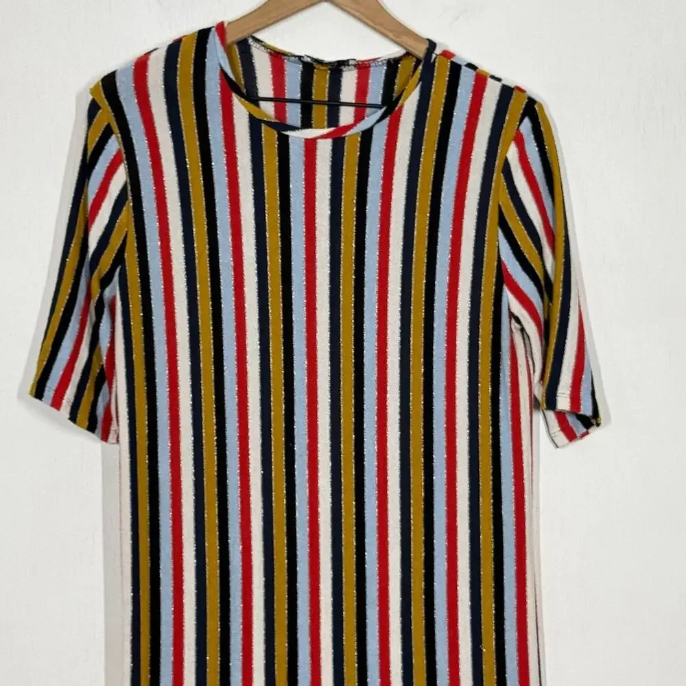 Zara Collection Midi Dress Womens Large Multicolor Metallic Striped Short Sleeve